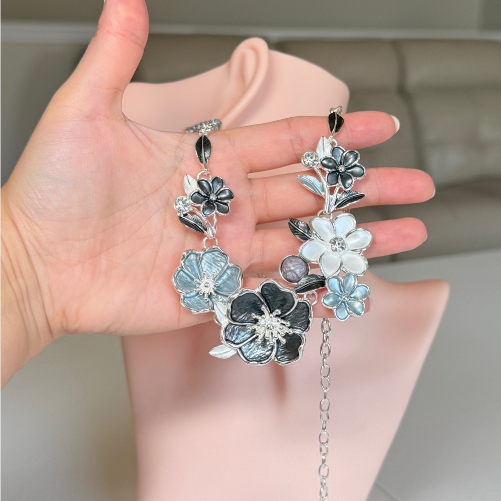 Floral Statement Necklace in Black, Silver & White - Picture 7 of 11